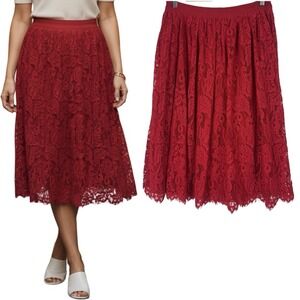 FRNCH Women Red Lace Lined Midi Skirt Size Zipper Size L